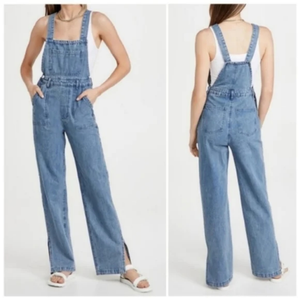 WeWoreWhat Slouchy Slit Overalls in Steel Jumpsuit Wide Straight Leg Blue - Picture 2 of 13